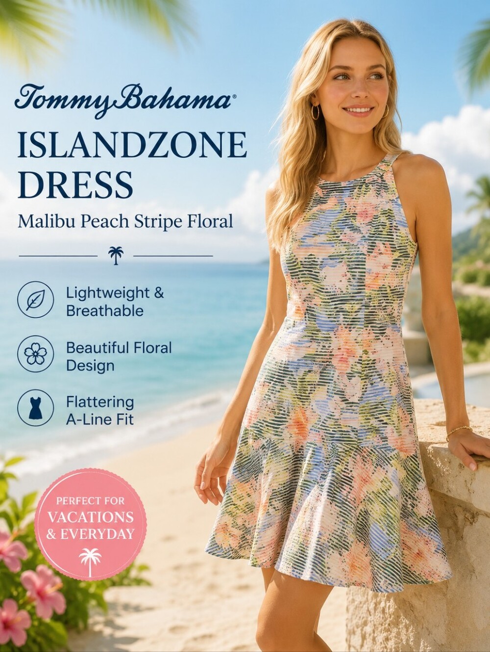 Tommy Bahama IslandZone Dress Malibu Peach Stripe Floral Women’s Small Sleeveles